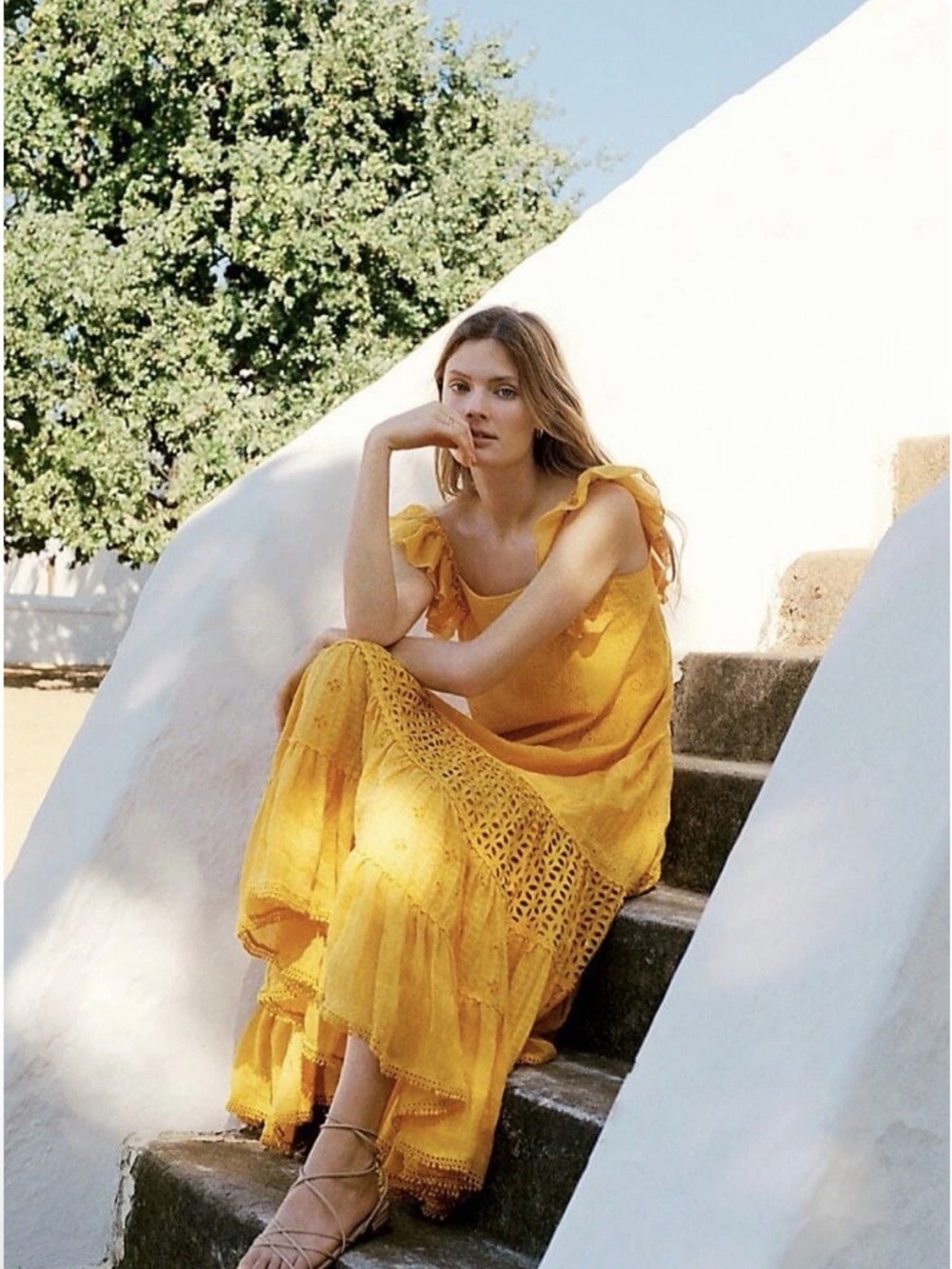 Anthropologie Payal Jain Fallon Eyelet Yellow Frill Maxi Dress 8 Boho Prairie